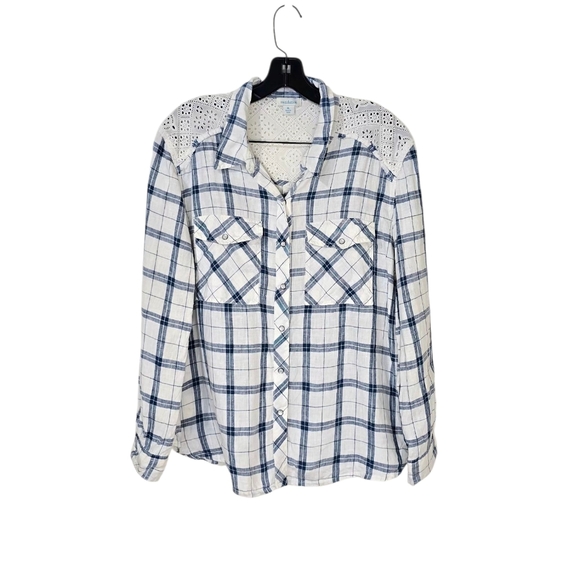 Sundance Polly Plaid Linen Pearl Snap Button Down Top Eyelet Lace Western PL - Picture 2 of 8